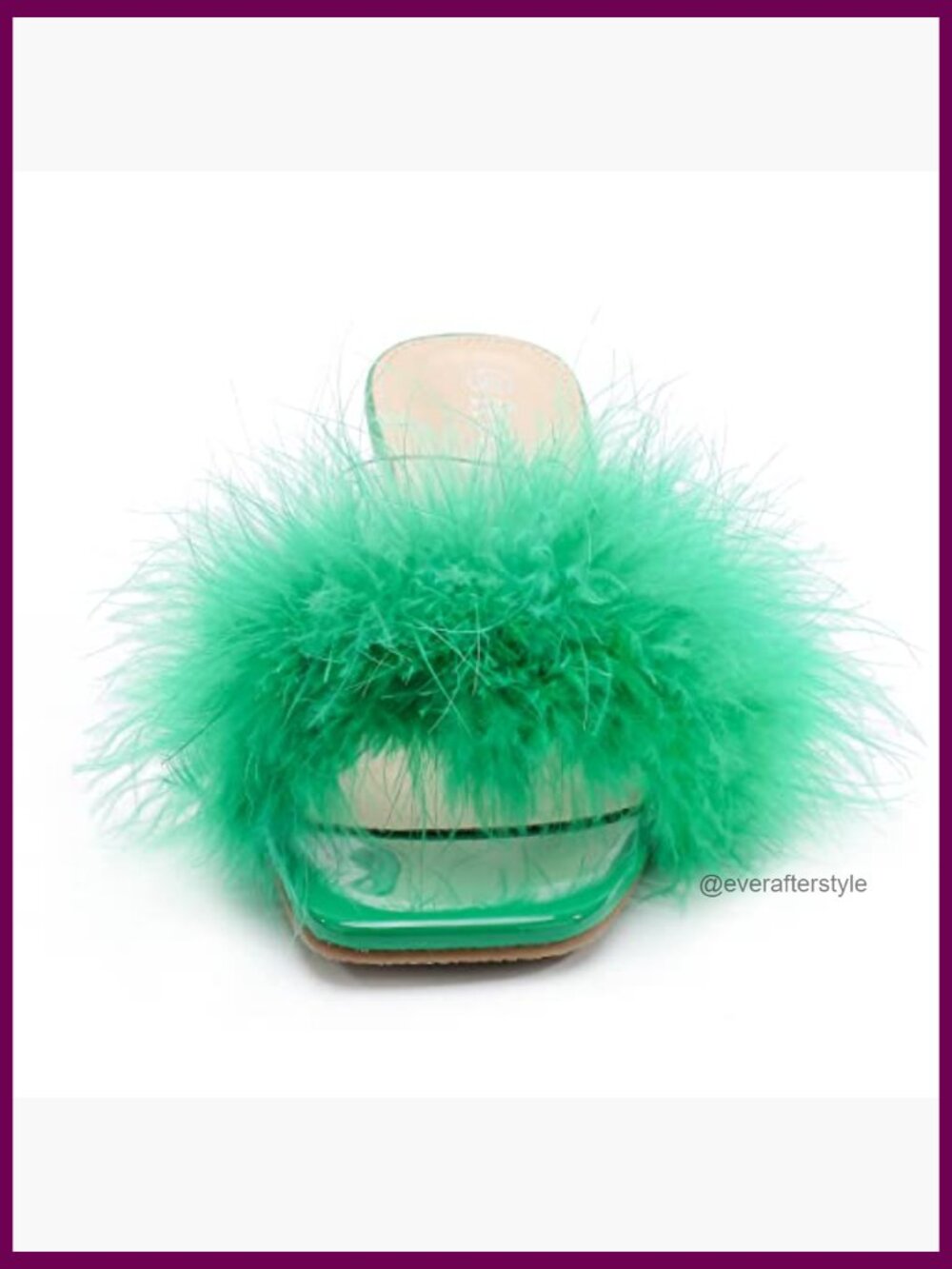 Kitten Heel Mule Sandals, Square Open Toe, Slip On, Fluffy Fur Clear Strap - Picture 5 of 7